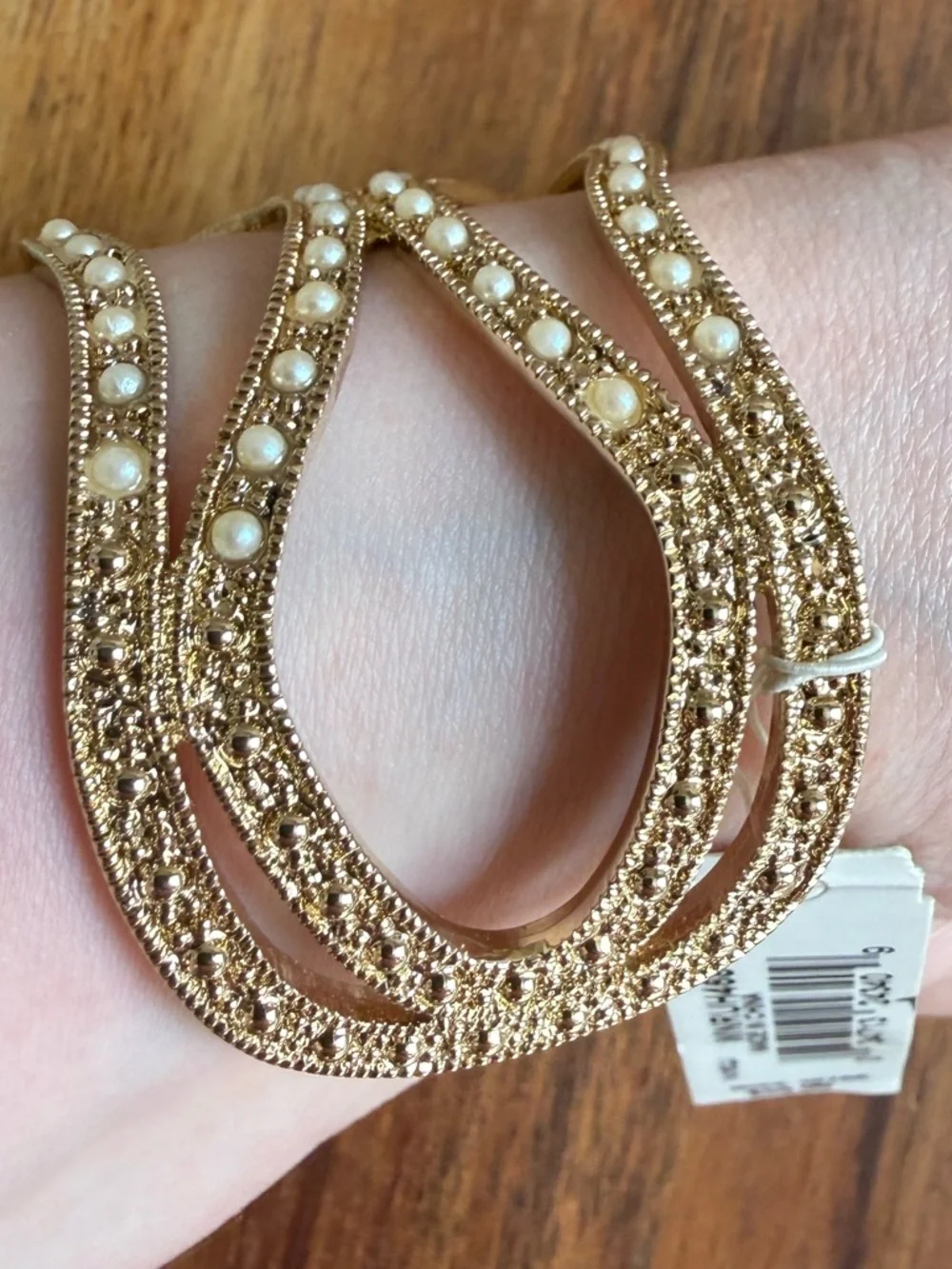 Monet Gold-Tone Cuff Bracelet with Faux Turquoise Center and Pearl Accents New